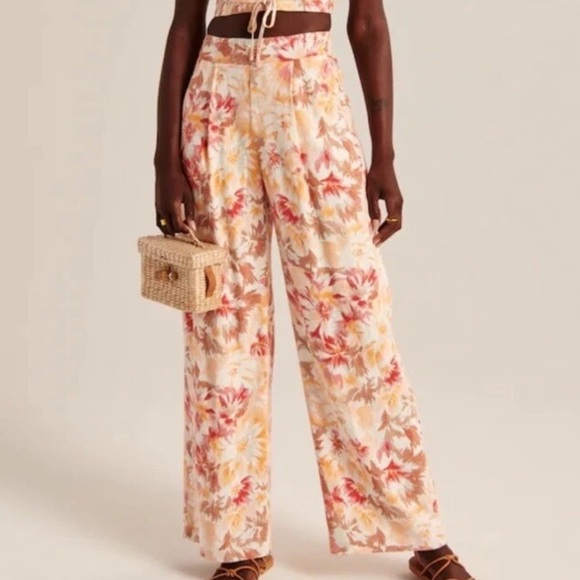 Abercrombie & Fitch Pants - Abercrombie & Fitch High Rise Wide Leg Pleated Linen Floral Pants Orange Pink XS